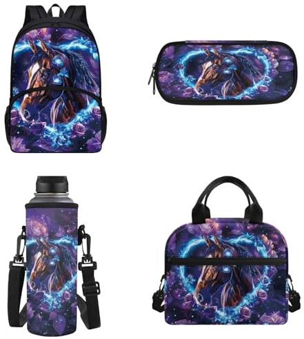 Chririnla Sac à dos d'école primaire 4 pièces, sac à déjeuner isotherme, sac à stylos, pochette porte-bouteille pour garçons et filles, Cheval Fleur Violet, Sac à dos enfant