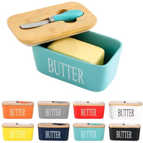 Porcelain butter Dish, European Size Ceramic Container with Wooden Lid Silicone Seal, Perfect for butter, Nuts, Cheese, 650ml