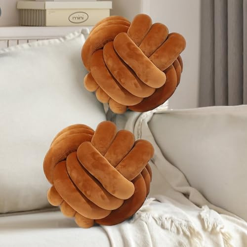 Wadser 2 Pcs Knot Pillows, Brown Plush Throw Pillow Knotted Ball Pillows, 8.6 Inches Handmade Round Knot Pillow Aesthetic Home Decorations