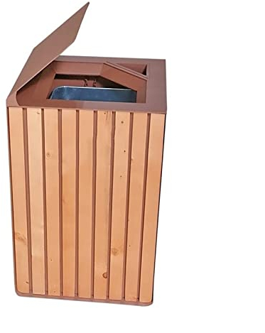 Mülleimer für Eingänge, Geschäfte Quadratischer Mülleimer for den Außenbereich, gewerblicher Mülleimer mit großem Fassungsvermögen, massivem Stahlrahmen und 1 Holzplatte, kreativer Vintage-Mülleimer M