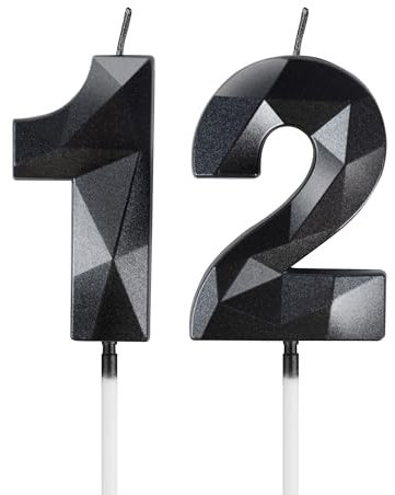 mciskin Schwarze Kerzen 12. Geburtstag, 3D-Zahl 12, Kuchen- und Deko-Kerzen für Jungen und Mädchen