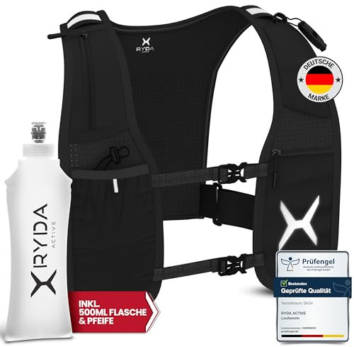 RYDA ACTIVE® Laufweste Damen & Herren | Ultraleicht, reflektierend & universell verstellbar | mit Trinkflasche & Sicherheitsetikett | ideal für Joggen, Laufen, Trail, Marathon & Wandern
