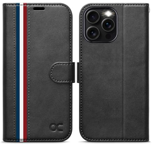 OCASE Étui Coque pour iphone 16 Pro Max (6,9 Pouces), Noir | Blocage RFID, Coque à Rabat, Fermoir Magnétique, Housse Portefeuille en Cuir PU, Béquille, Fentes Cartes, Protection Antichoc