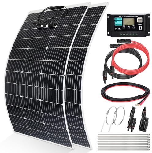 【240W Panneau Solaire Flexible 12V Kit】DERUXI 2 Pcs Panneau Solaire Souple 120W+Régulateur de Charge 30 A+Connecteur Solaire Y+Solaire Câble+12 Pcs Collier Serrage Inox, pour Camping-Car Bateau Balcon