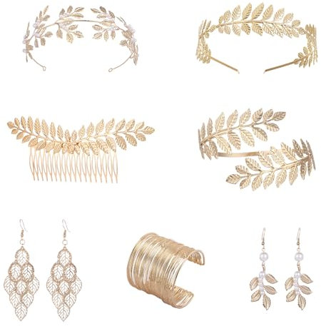 RANJIMA Griechische Göttin Schmuck Set, Muttertagsgeschenke für Mama, Cleopatra Griechisches Göttin Set, Römische Lorbeerblätter Krone Tiara Haarkamm Manschette Oberarm Armbänder Swirl Ohrringe