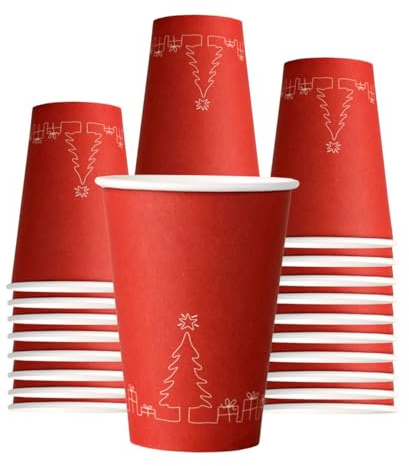 MP ECO SOLUTION Mecup Vasos de Navidad de papel biodegradables, vasos desechables de 200 ml, vasos desechables, diseño navideño, 200 ml, para bebidas calientes y frías, diseño navideño, color rojo