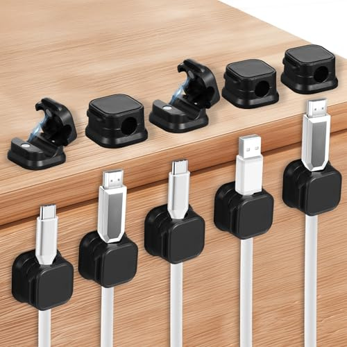 Gjinxi 10 Pack Magnetic Cable Clips, Adhesive Cable Cord Management Charger Wire Organizer Keeper USB Charger Cord Holder Organizer for Nightstand Desk Car Table Wall(Black)
