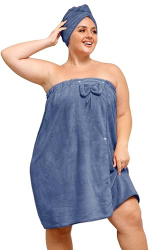 Asciugamano avvolgente con asciugamano per capelli per donne, accappatoio da doccia da donna, comodo asciugamano da bagno regolabile + asciugamano per asciugacapelli, blu scuro, XL-XXL