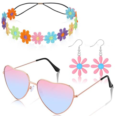 YUSHWENPTY Hippie Accessoires Damen 4 Stück Hippie Kostüm Accessoires 70er Jahre Hippie Kostüm Zubehör Set mit Peace Kette Stirnband Brille Ohrringe für Karneval Party (A)