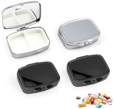 FZSECRIU 4 Stück Metall Pillendose Klein, Tablettenbox 2 Fächer, Pillendose für Unterwegs, Medikamentenbox, Metall, Silber, 131 Gramm, 2 Fächer, Tragbar