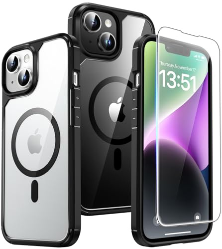 TAURI für iPhone 14 Hülle 6,1 mit Schutzfolie - Schwarz | Kompatibel mit MagSafe, Schutz nach Militärstandard, [Anti-Vergilbung] Stoßfest Magnetisch Handyhülle