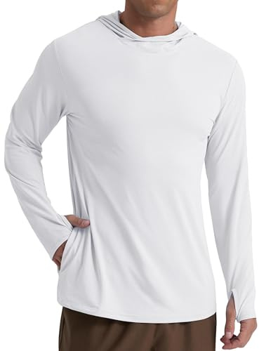 QIXING Men's UPF 50+ Sun Protection Hoodie | Lightweight UV Shirt for Fishing, Hiking & Outdoor Sports | Long Sleeve Rash Guard with Thumb Holes(White,XL)