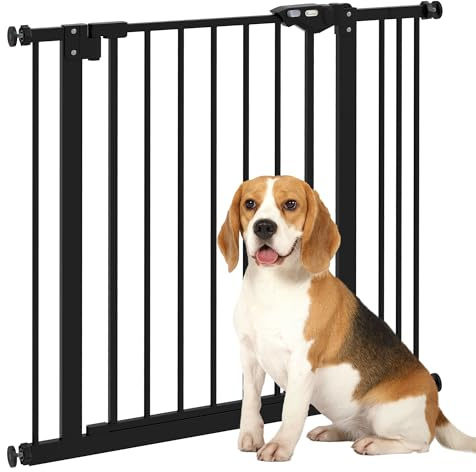 PawHut Cancellino per Cani e Animali Domestici 2 Estensioni Larghezza Regolabile Fino 87 cm, Cancello per Cani con Fissaggio a Pressione Senza Fori e Chiusura Automatica, Nero