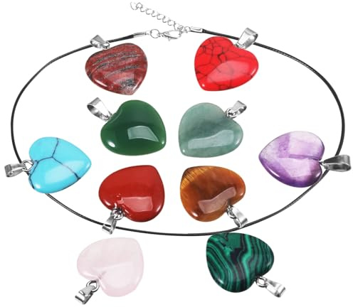 YUFFQOPC 10 Stück Herz Edelstein Anhänger - 20mm Mehrfarbig Herz Anhänger | Herzanhänger aus Kristall,Herz Heilsteine Edelstein Charms Anhänger mit Lederhalsketten für DIY,Valentinstagsgeschenke