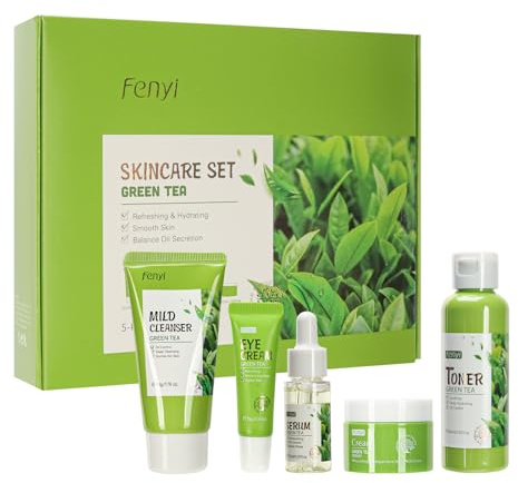 HochoLii Coffrets cadeaux Coffret de Soin au Thé Vert 5 Pièces pour Femmes et Filles – Kit Visage avec Nettoyant, Tonique, Crème pour les Yeux, Crème Visage et Sérum
