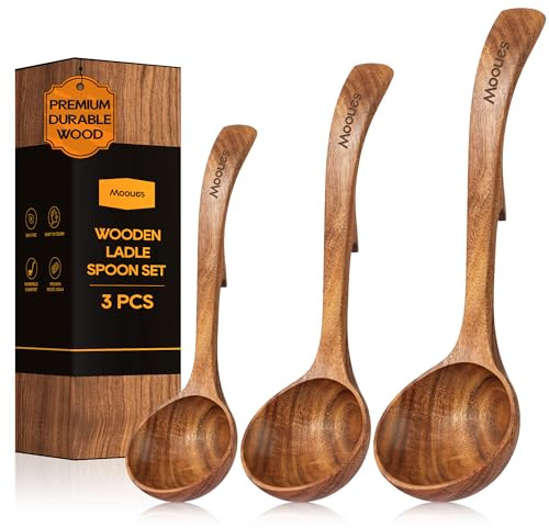 Wooden Ladle for Soup, 3 Size Teak Wood Ladle Spoon with Back Hooks, Heat Resistant Wooden Spoons for Cooking, Non-Stick, Comfortable Grip, Wood Kitchen Utensils Set for Serving, Stirring
