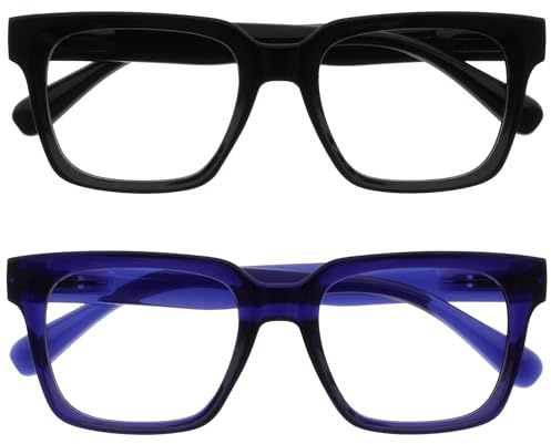 OPULIZE ERA Lunette anti lumiere bleue femme & homme - Lunettes Loupe Ecran/Gaming - Lot de 2 - Cadre Surdimensionné - Anti-éblouissement Anti-Reflet Protection UV - Noir Bleu - +3,00