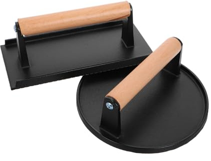 Hemobllo Presse à Hamburger en Fonte avec Poignée Bois, Lot 2 Pcs, sans Revêtement, Presse Barbecue Robuste pour Steaks Et Grillades en Extérieur