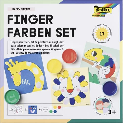 folia 48210 - Kit de Peinture au Doigt Happy Safari, kit créatif avec 5 x 30 ML de Peinture au Doigt Lumineuse, 10 modèles à colorier avec des Motifs d'animaux et 2 modèles de mélange