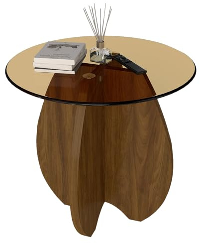 Permory Modern Round Glass Side Table, Tool-Free Assembly, Shell-Brown - Small End Table for Living Room and Balcony (Shell-Brown)