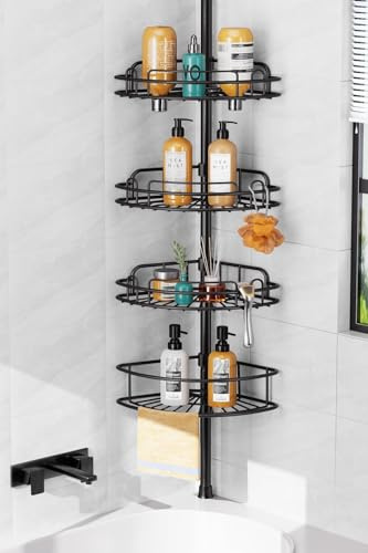 HAMITOR Teleskop Duschablage Ohne Bohren: 4-stufiges Metall Ecke Duschregal Rutschfest und Stabil, Badezimmer Organizer für Shampoo, Seife und Duschgel – verstellbar von 121-314 cm, Schwarz