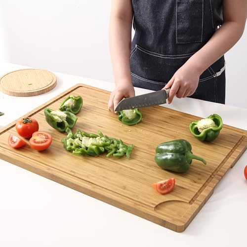 Tabla de cortar de madera, 61 x 46 x 2 cm, tabla de cocina grande de bambú con asas y ranura profunda para jugo, tabla de cocina, rectangular, reversible, para carne, verduras y pan