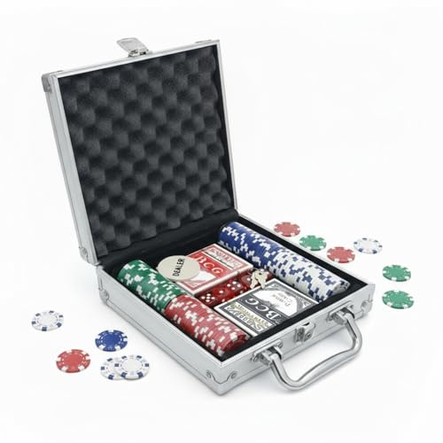 Shop SoftAir Valigetta Poker Texas Hold’em e Blackjack – Set da 100/200/300 Fiches con 2 Mazzi di Carte, 5 Dadi e Dealer - Colore Argento (100 Fiches 20,5x21x6,5 cm)