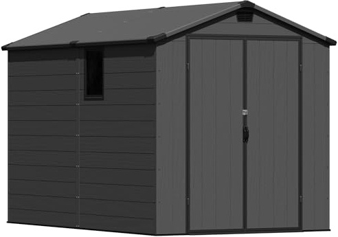 Triumphkey 6x10ft Outdoor Storage Shed, Plastic Garden Shed with Lockable Door, Weatherproof for Bike, Tools & Garbage Bin Storage for Lawn, Patio & Backyard, Dark Gray