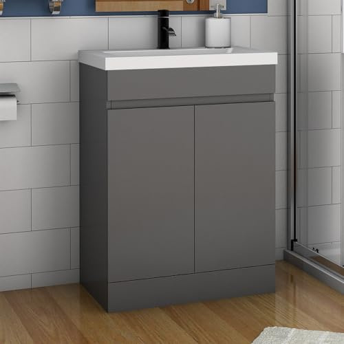 Mueble de baño con fregadero de resina y puertas dobles, armario de almacenamiento de pie para guardarropa y baño