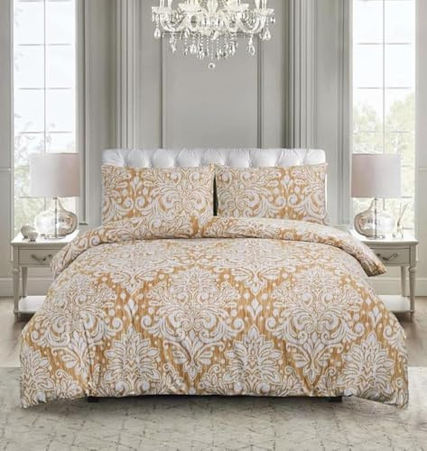 renoazul Microfiber King Size Bedding Set 4 Piece - King Size Duvet Cover with Pillow Cases & Fitted Sheet, Quilt Covers King Size - King 4 Piece, Royal Damask Gold