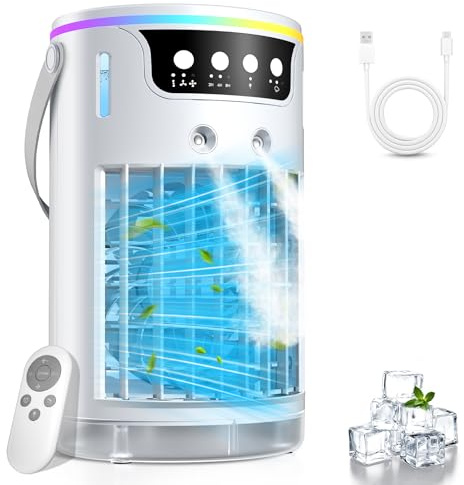 Mobile Klimaanlage, USB 4 In1 Mobile Klimagerät mit 3 Stufe Eis-Kühlnebel, Für Büro Zimmer und Schreibtisch, 1200 ML Tragbare Mini Luftkühler mit 2-8H Timer, 3 Geschwindigkeiten, 7 Farben Nachtlicht