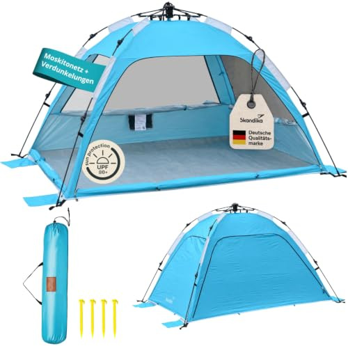 Skandika Skugga Quick Start Tenda da spiaggia, protezione UV 80+, richiudibile, protezione dal vento, protezione solare, protezione da sguardi indiscreti, Quick-Up, picchetti per sabbia, tenda da