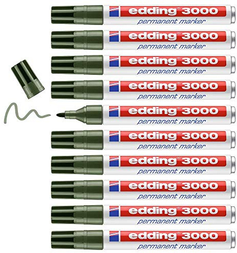 edding 3000 Permanentmarker - oliv-grün - 10 Stifte - Rund-Spitze 1,5-3 mm - schnell trocknender Permanent Marker - wasserfest, wischfest - für Karton, Kunststoff, Holz, Metall - Universalmarker