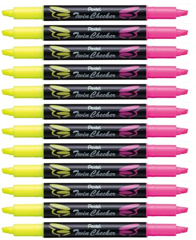 Pentel SLW8-GP Textmarker Twin Checker, zweifarbig, 12 Stück, gelb-rosa