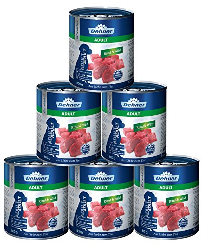 Dehner Premium Hundefutter Adult | Nassfutter für ausgewachsene Hunde | Allergiker | Rind, Wild| schnittfest | ohne künstliche Zusätze | getreidefrei | mit viel Fleisch Premiumqualität | 6 x 800 g