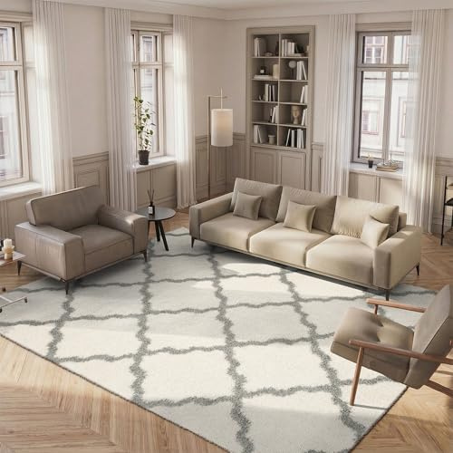 SAFAVIEH Dallas Shag Collection Area Rug - 5'1 x 7'6, Ivory & Grey, Trellis Design, Non-Shedding & Easy Care, 1.5-inch Thick Ideal for High Traffic Areas in Living Room, Bedroom (SGD257F)