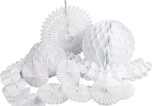 Heku 30008-06 Lot de 10 décorations de fête avec Boules en nid d'abeille, éventails et Guirlande en Papier Blanc