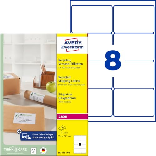 AVERY Zweckform LR7165-100 Recycling Etiketten (800 Versandetiketten, 99,1x67,7mm auf A4, 100% recyceltes Altpapier, bedruckbar, selbstklebend, für DIN B4/C4 Umschläge) 100 Blatt, naturweiß