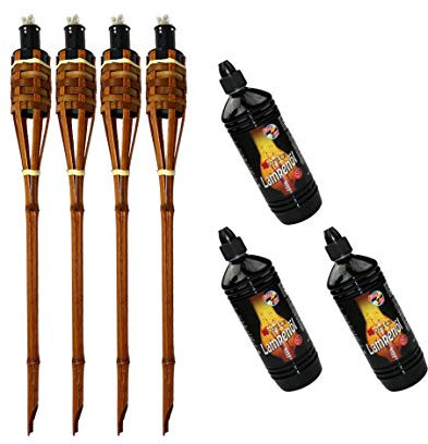 Moritz 4X Bambusfackeln Fackel Deluxe 60 cm Dunkelbraun + 3X 1000ml Lampenöl Gartenfackel Ölfackeln Garten Deko Öllampe Wegleuchte