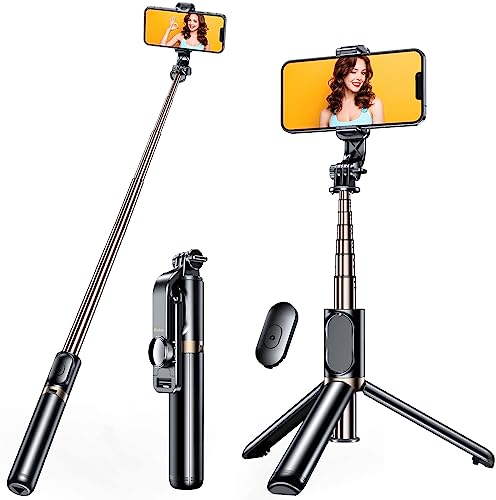 Blukar Perche Selfie Bluetooth, 4 en 1 Selfie Stick Trépied Bâton Selfie Bluetooth Extensible Monopode en Aluminium avec Télécommande Amovible & Support Stable & 360° Rotation pour Téléphone, Caméra