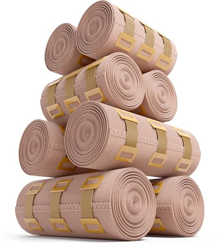 JFA Medical Elastic Compression Bandage Wrap - 8 Pack + 8 Extra Clips (4 x 7.5cm x 4.5m & 4 x 10cm x 4.5m Rolls) - Wrist, Ankle, Hand Knee, Elbow, Shoulder, Feet Injuries