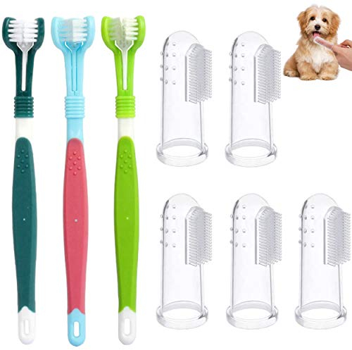 8 Stück Hundezahnbürste Mit Dreifachkopf - Finger Zahnbürste für Kleine Haustiere, Hunde und Katzen