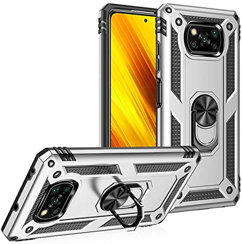 BestST Funda para Xiaomi Poco X3 Pro/Poco X3 NFC,+ HD Protector de Pantalla,Elegante Armadura híbrida Robusta Carcasa de Doble Capa de Alta Resistencia Caso con Anillo Grip,Plata