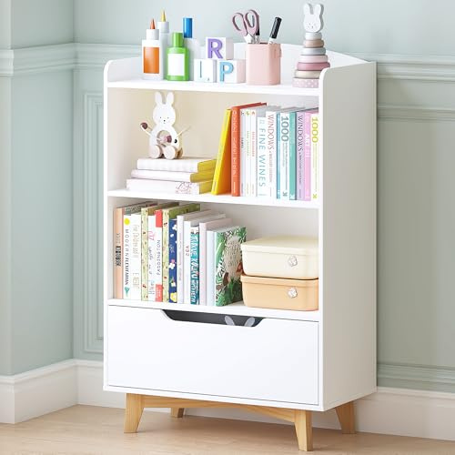 UTEX Kids Bookshelf, Children Bookcases with Storage and Drawer, Wood Kids Toy Storage Organizer for Playroom, Nursery School, White