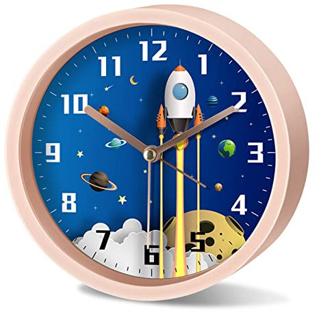 EXQULEG Kinderwecker Jungen Ohne Ticken, Kinder Wecker Weltraum Astronauten, Analoger Wecker Reisewecker für Junge Mädchen und Schüler (Rosa,Runde)