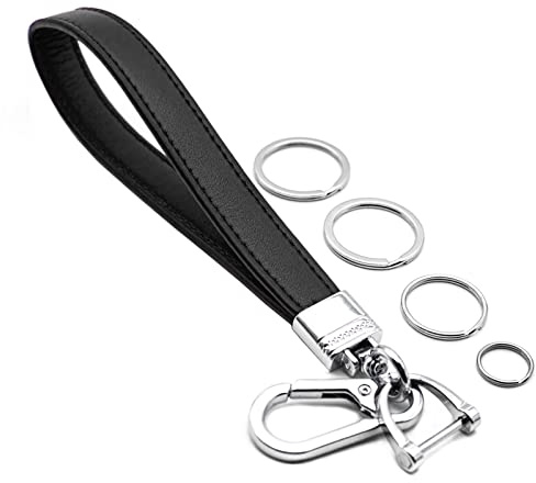 INFIPAR Car Fob Key Chain Genuine Leather Wristlet Strap Keychains Holder for Men and Women, 360 Degree Rotatable, with Anti-lost D-Ring, Carabiner Clip and 4pcs Key Rings, Black