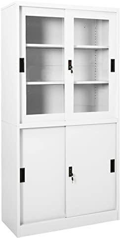 MOONAIRY Büroschrank mit Schiebetür, Aktenschrank, Werkzeugschrank, Metallschrank, Stahlschrank, Kellerschrank, Universalschrank, Lagerschrank,en Weiß 90x40x180 cm Stahl