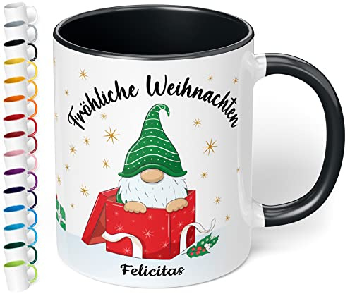 True Statements Weihnachtstasse mit Namen personalisiert „Fröhliche Weihnachten“ - 330ml Keramik Kaffeebecher mit Wichtel-Motiv und Spruch - Geschenk für Freunde & Familie (Schwarz)