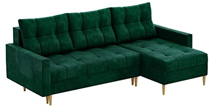 MEBLINI Schlafcouch mit Bettkasten - Kleines Ecksofa mit Schlaffunktion - Sofa mit Relaxfunktion und Kissen - Kleine Couch L-Form - Eckcouch - SCANDO - 220x140x75cm - Grün Samt