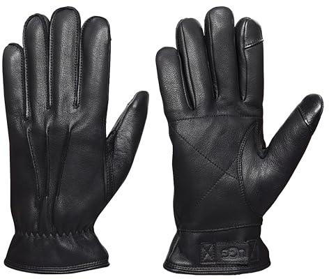 UGG Men's 3 Point Genuine Leather Gloves with Microfur Lining and Conductive Fingertips, Black, Large